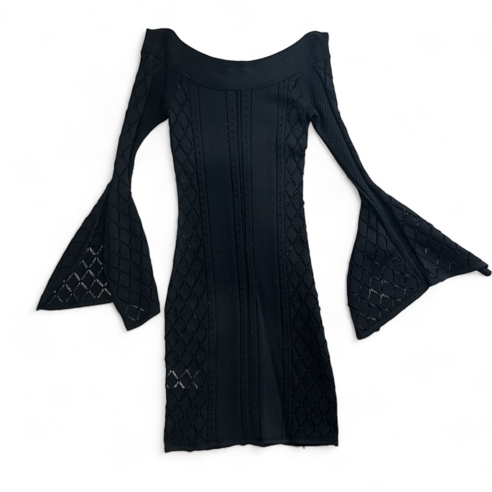 Black knit mini dress off the shoulder with bell sleeves